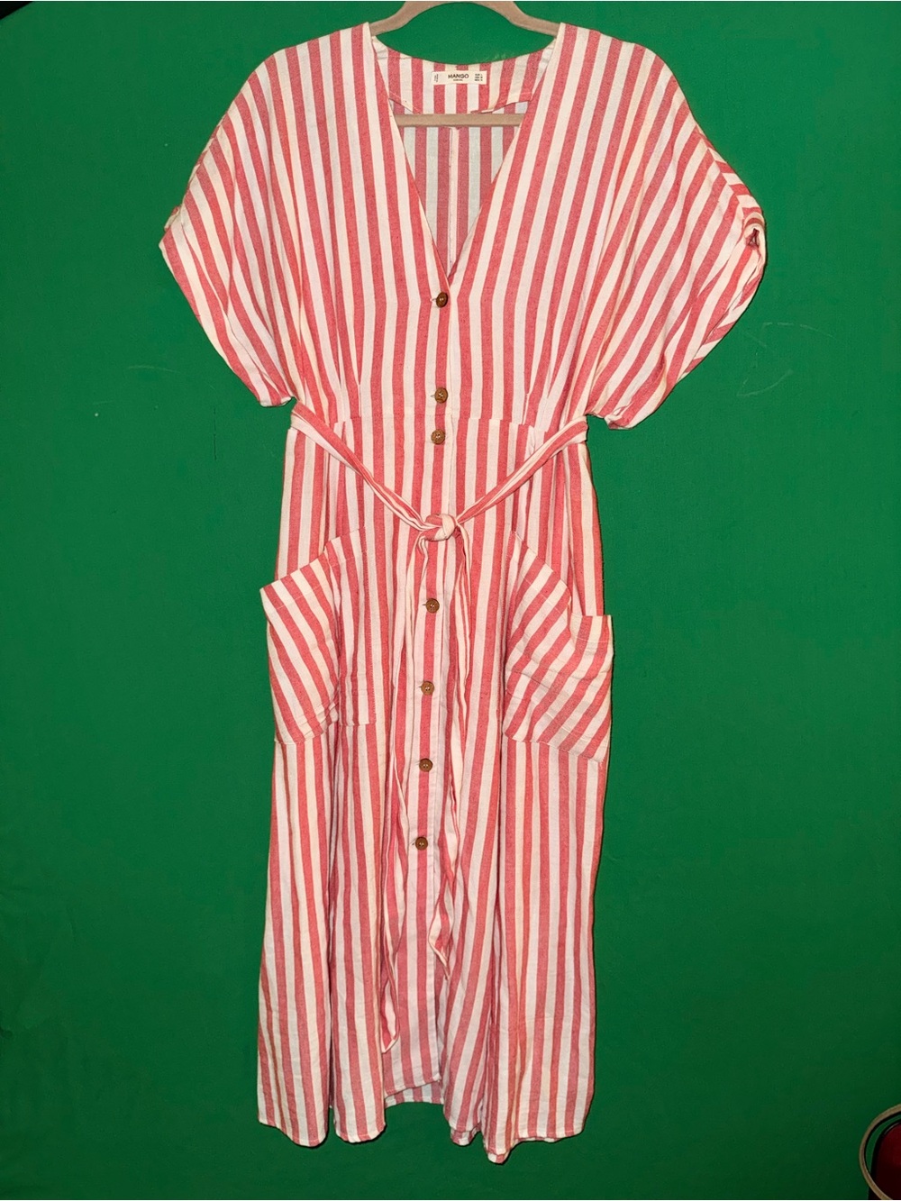 Mango Red & White Striped Button-Front Midi Dress with Pockets
